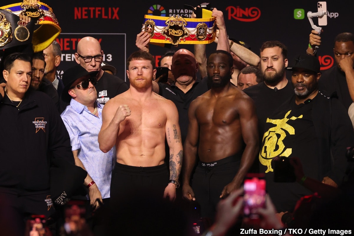 LAS VEGAS, NEVADA - SEPTEMBER 12: (L-R) Opponents Canelo Alvarez and Terence Crawford pose during the Canelo v Crawford ceremonial weigh-in at T-Mobile Arena on September 12, 2025 in Las Vegas, Nevada.  (Photo by Ed Mulholland/TKO Worldwide LLC via Getty Images)